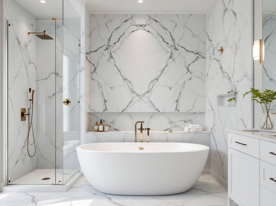 Contemporary redesign of a brand new modern bathroom.