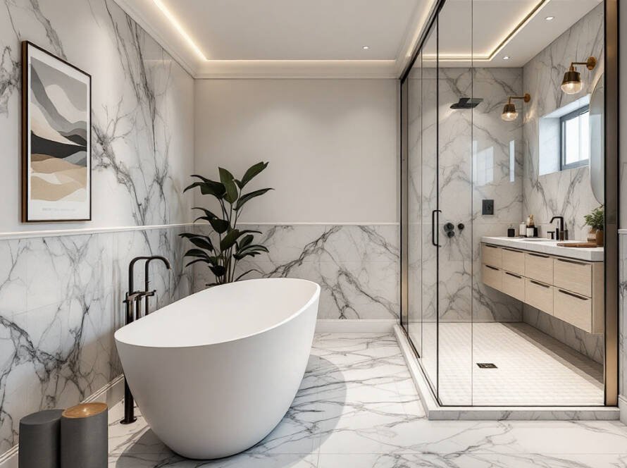 A newly renovated modern and contemporary design bathroom.