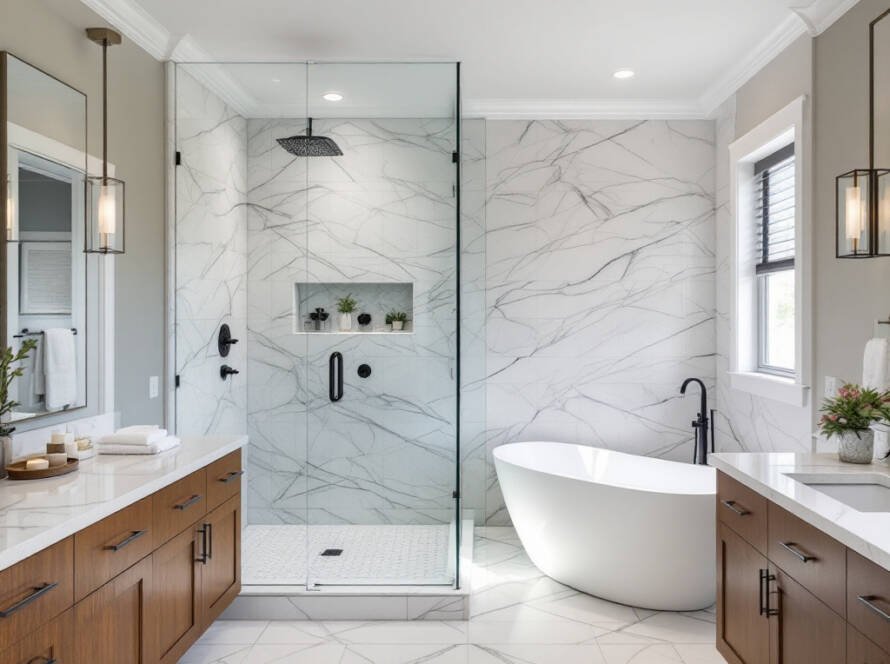 Modern and contemporary design dominates the newly renovated bathroom, presenting a refreshed private space in the home.