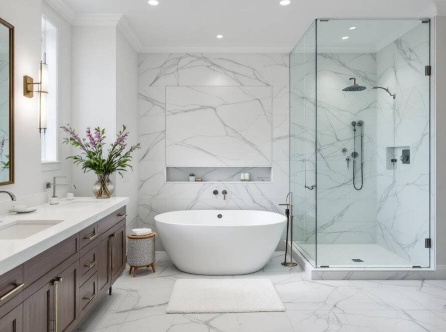 An image of a newly renovated modern and contemporary style bathroom.