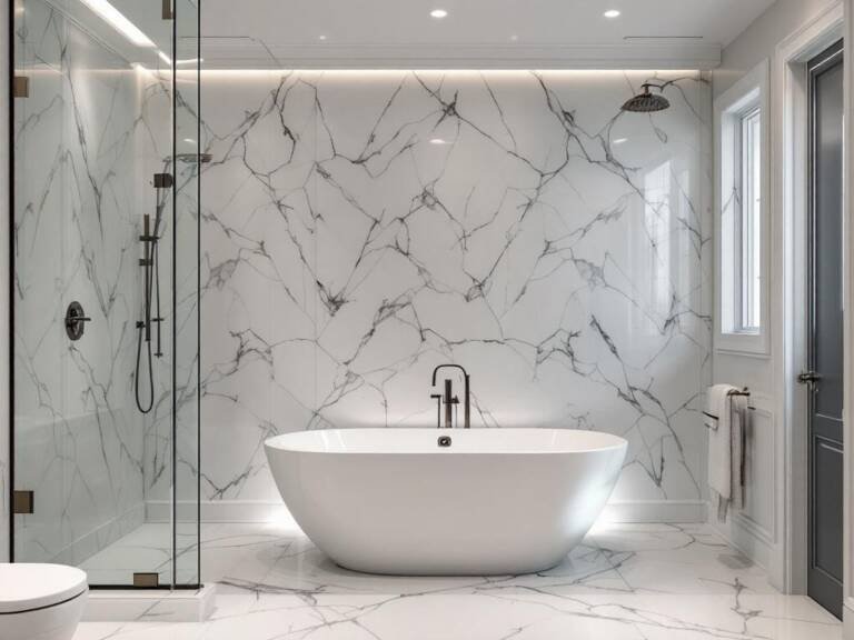 An image showcasing the renovation process of a bathroom with a modern, contemporary design.