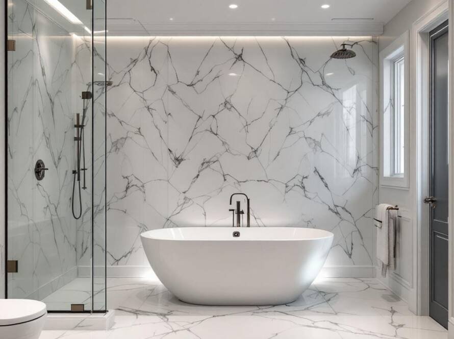 An image showcasing the renovation process of a bathroom with a modern, contemporary design.