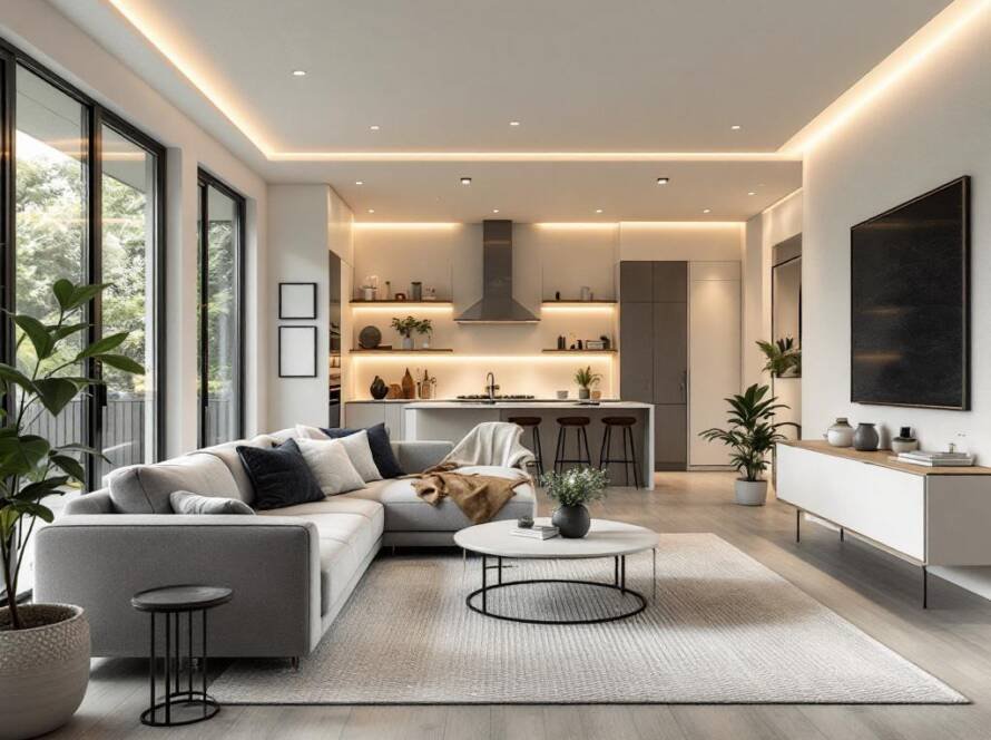 Trendy, modern designed space enhanced with high-quality tile installation.