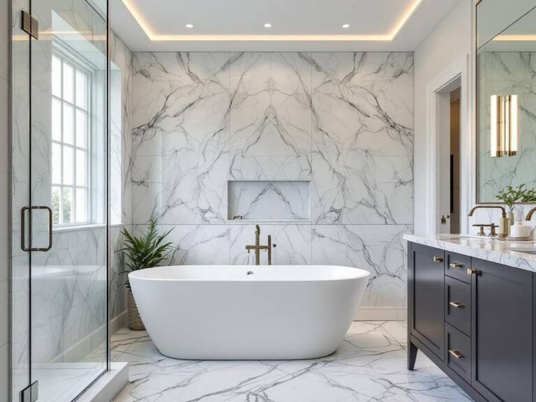 A newly renovated bathroom featuring a modern, contemporary design.