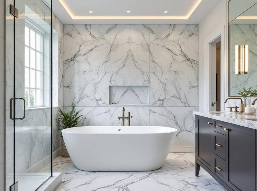 A newly renovated bathroom featuring a modern, contemporary design.