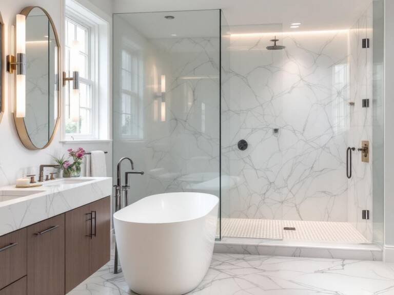 Image showcases a modern, contemporary style bathroom renovation reflecting both aesthetics and functionality.