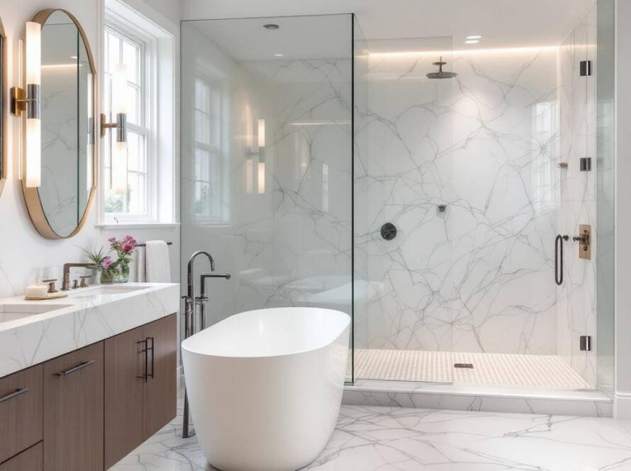 Image showcases a modern, contemporary style bathroom renovation reflecting both aesthetics and functionality.