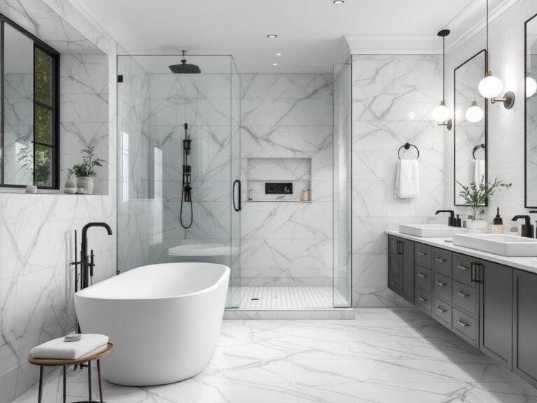 'An updated bathroom with modern and contemporary features, showcasing the transition from an outdated style to a fresh, new design.'