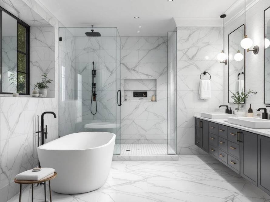 'An updated bathroom with modern and contemporary features, showcasing the transition from an outdated style to a fresh, new design.'