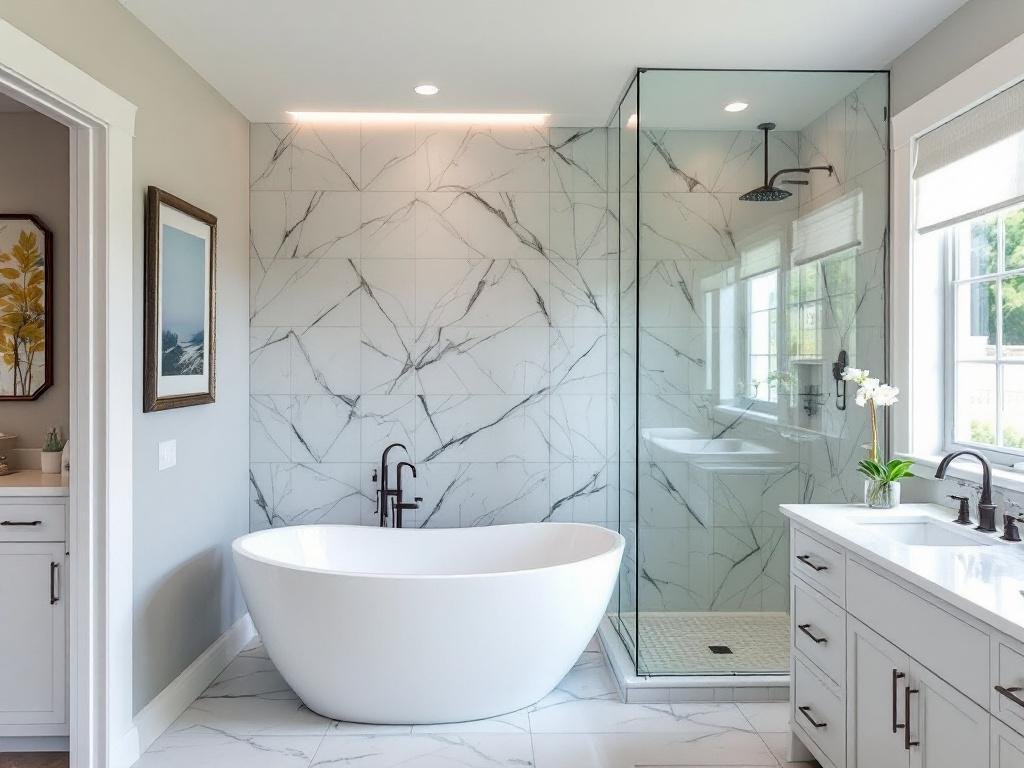 Image showcasing the transformation from an old-style bathroom to a modern bathroom.