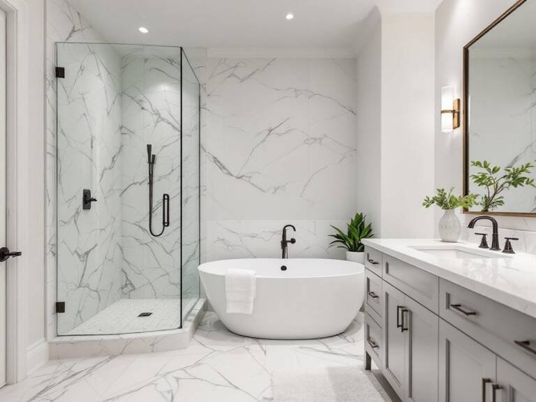 Freshly renovated bathroom featuring a contemporary design.