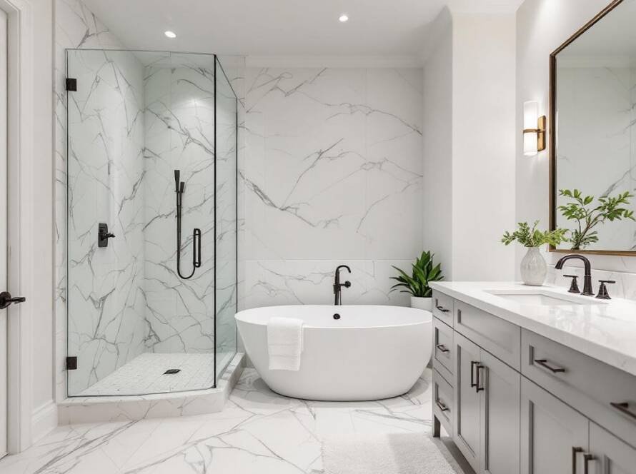 Freshly renovated bathroom featuring a contemporary design.