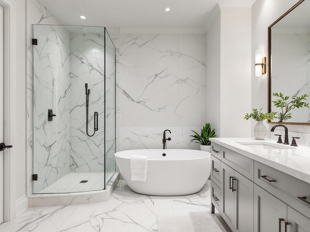 Freshly renovated bathroom featuring a contemporary design.