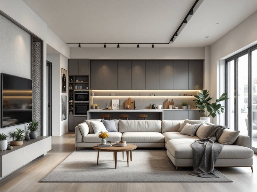 A modern and contemporary design of wooden flooring installation.