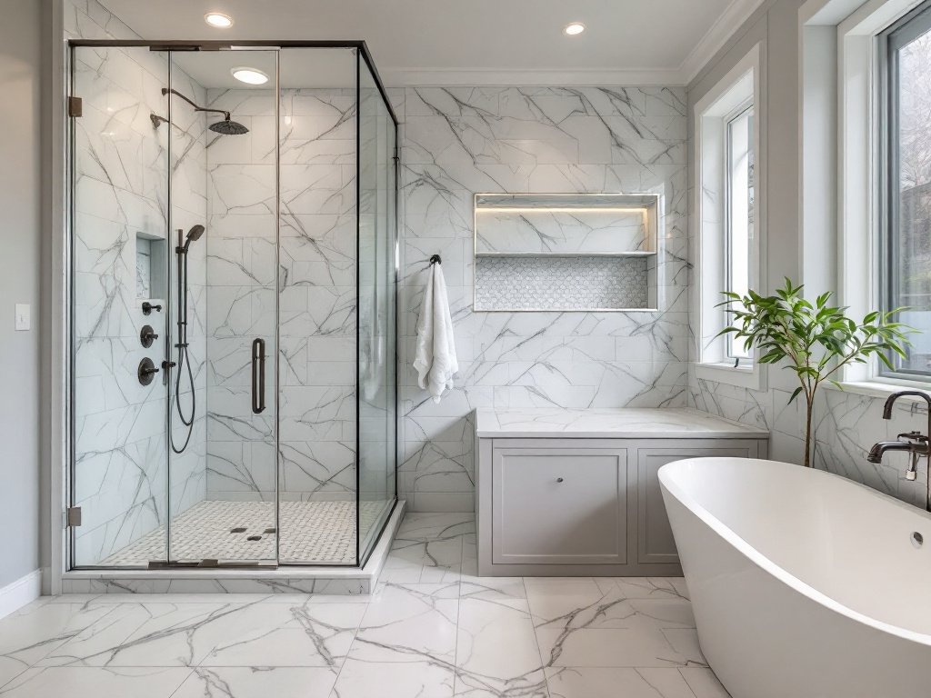 Beautifully renovated bathroom with modern aesthetics reflecting the concept of '卫生间翻新'.