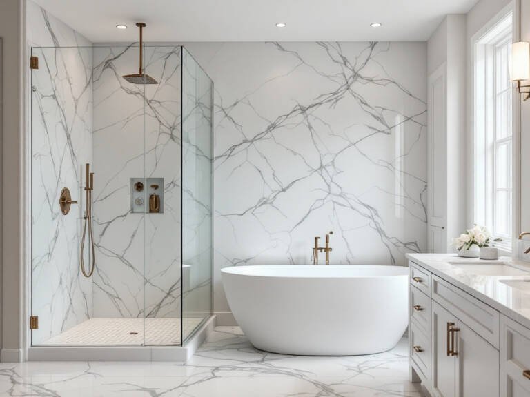 Image of a newly renovated bathroom boasting a modern, contemporary design style.