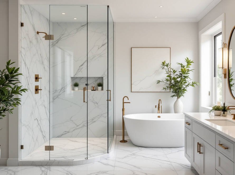 A renovated bathroom with a fresh new look, flaunting a modern and contemporary design.