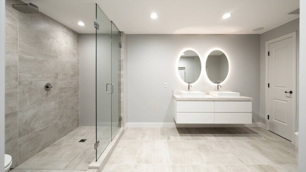 Illustration: Modern bathroom with walk-in shower and freestanding tub