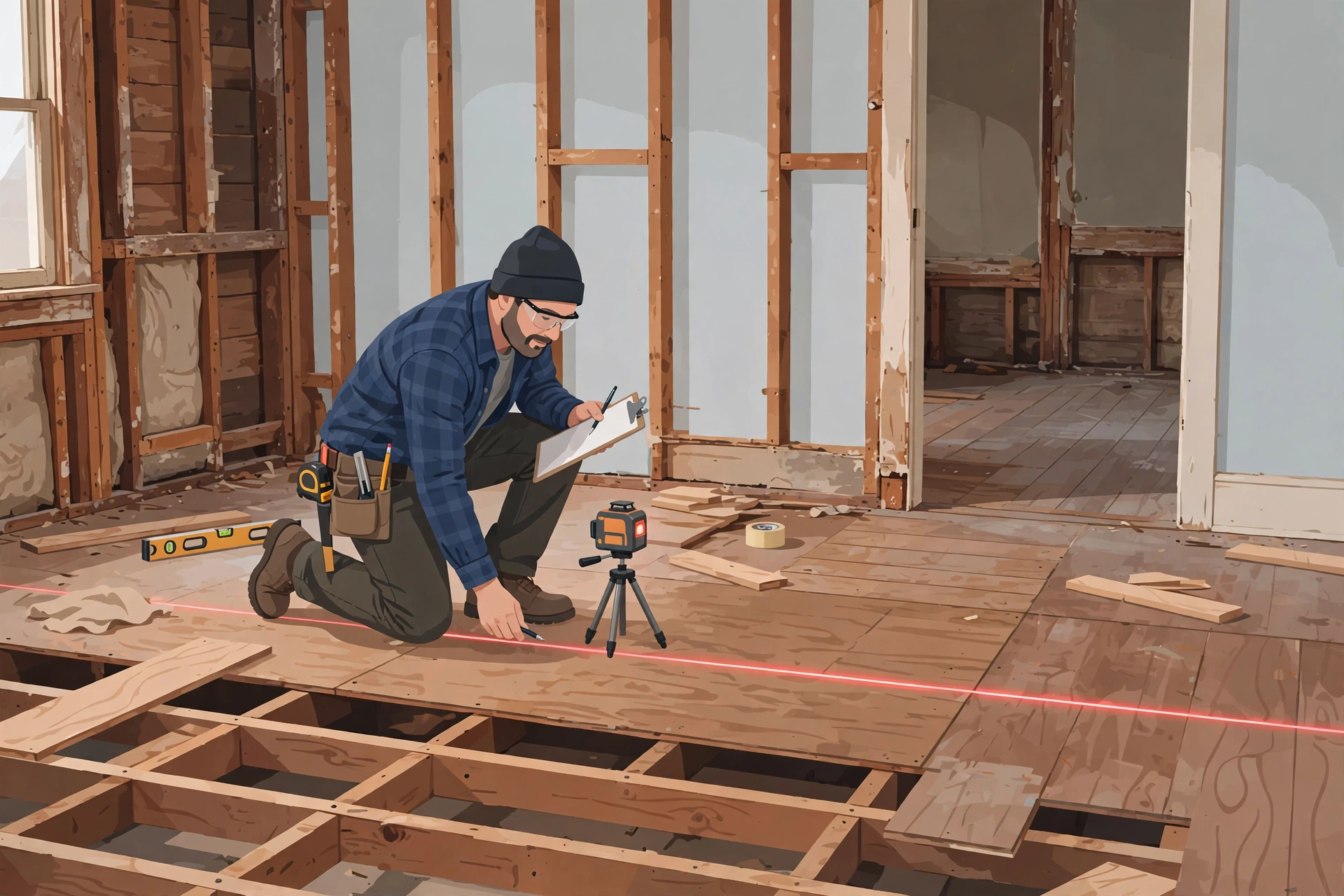 Illustration: technician checking subfloor flatness with a laser level in an older home