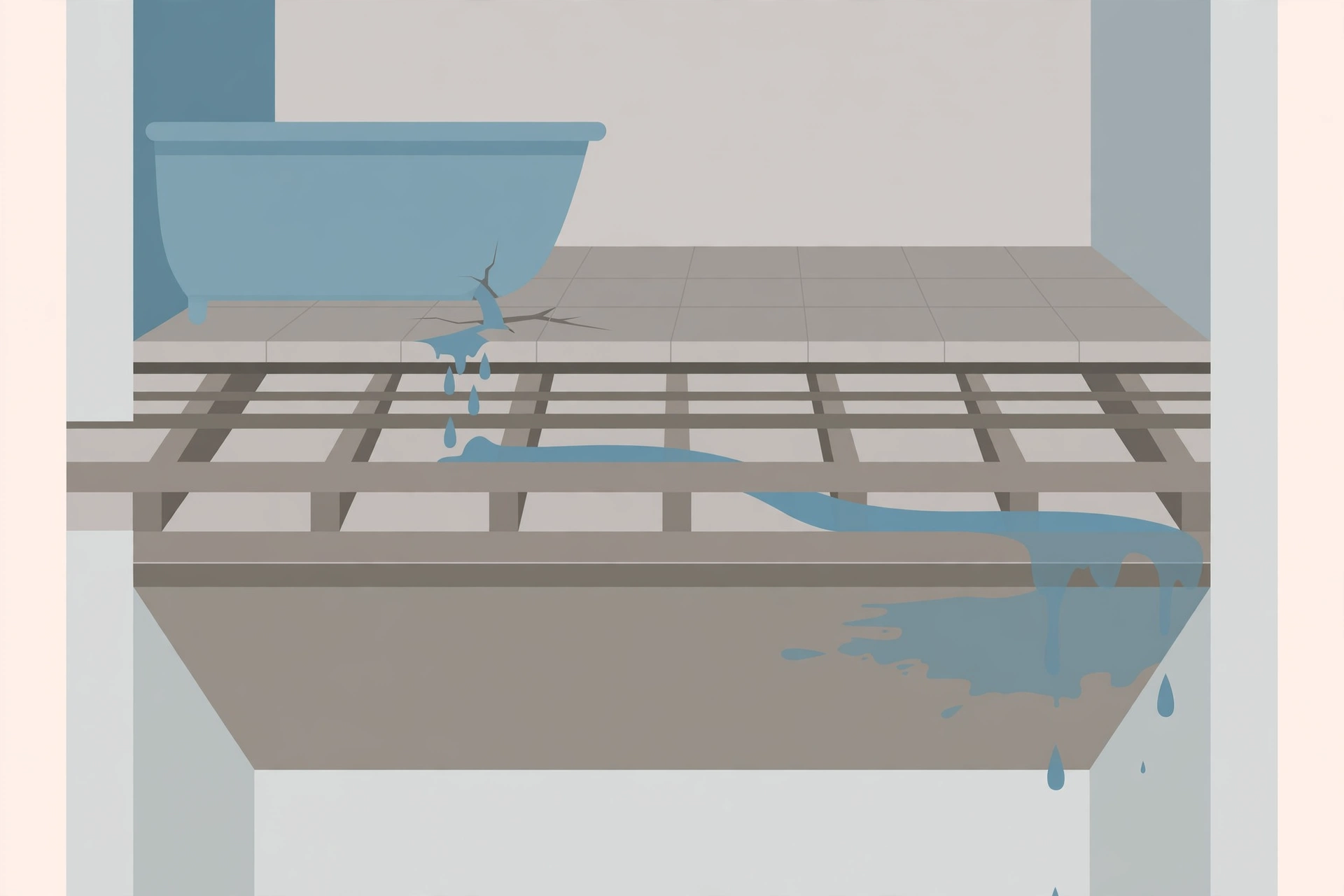 Illustration: 楼上卫生间漏水顺着搁栅流到楼下吊顶,水渍不在漏点正上方示意