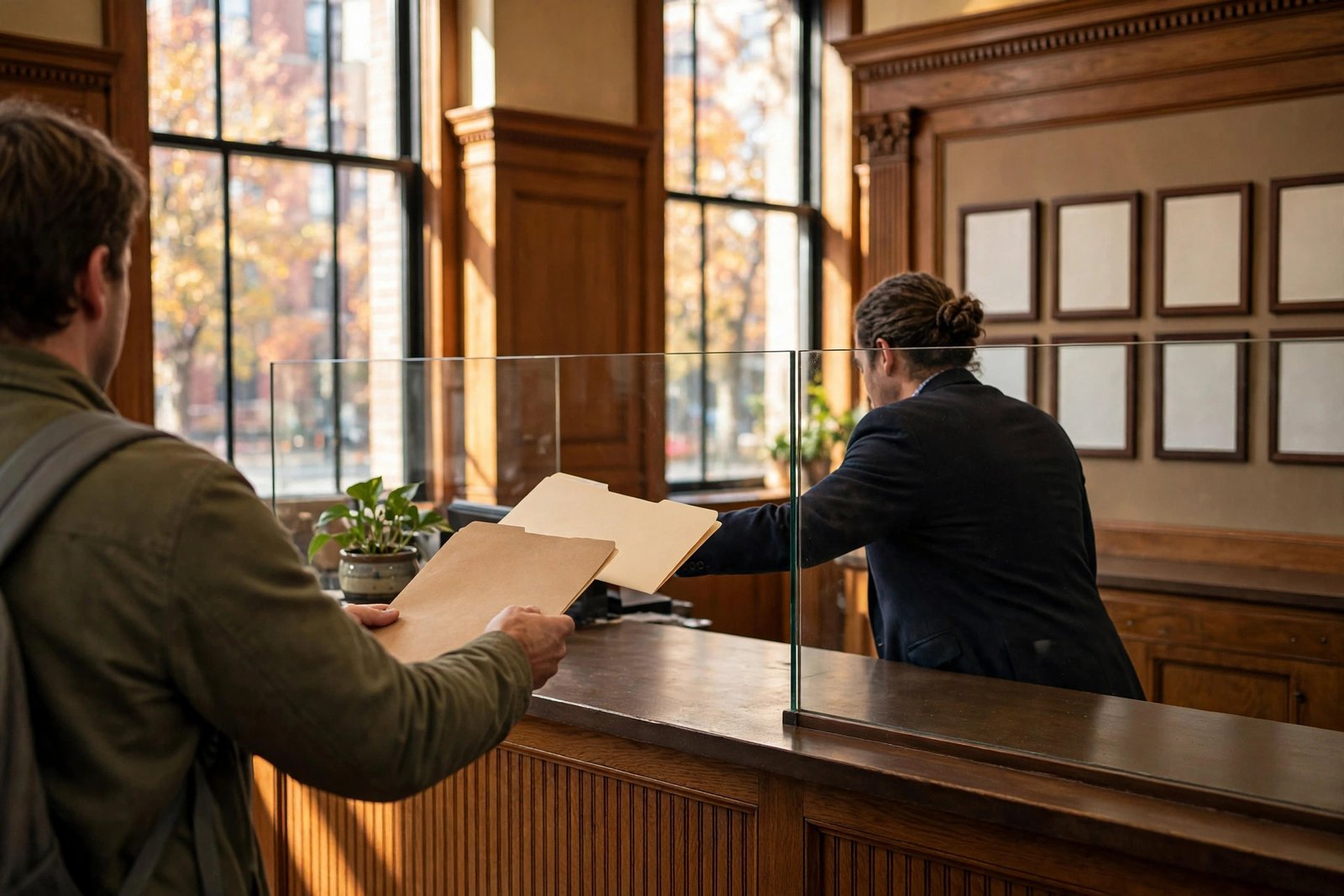 Illustration: homeowner submitting renovation documents at a municipal permit office counter