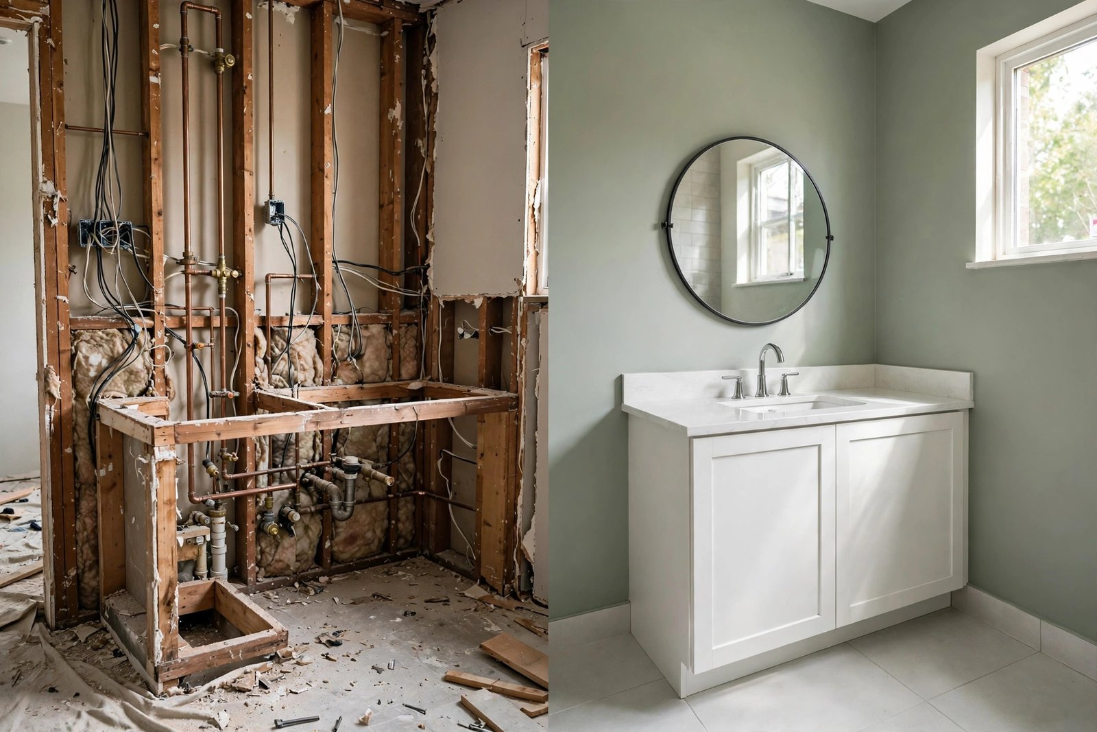Illustration: bathroom renovation split view, one half with exposed pipes and framing requiring permits, the other half with finished surfaces